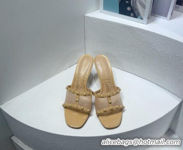 Charming Valentino Roman Stud Patent Leather and Mesh Heel Slide Sandals 8cm All Beige 112911