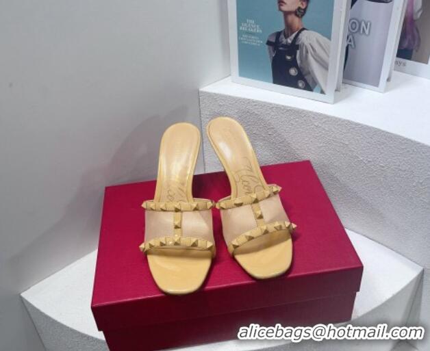 Charming Valentino Roman Stud Patent Leather and Mesh Heel Slide Sandals 8cm All Beige 112911