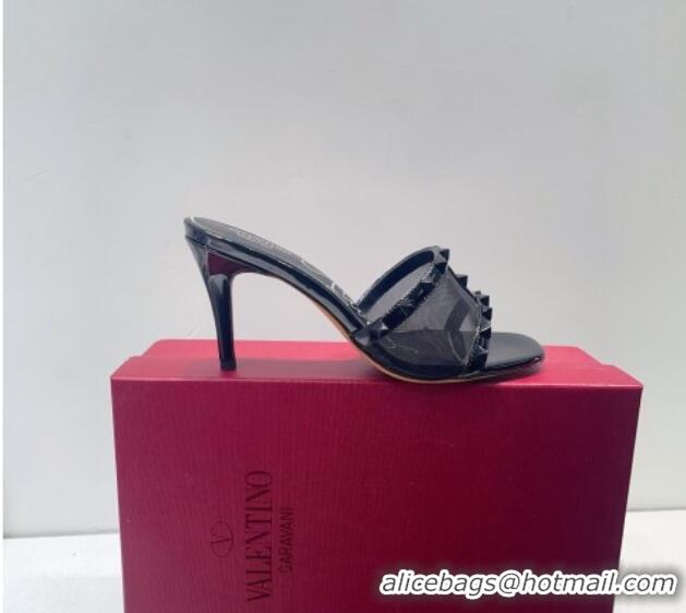 Stylish Valentino Roman Stud Patent Leather and Mesh Heel Slide Sandals 8cm All Black 112912