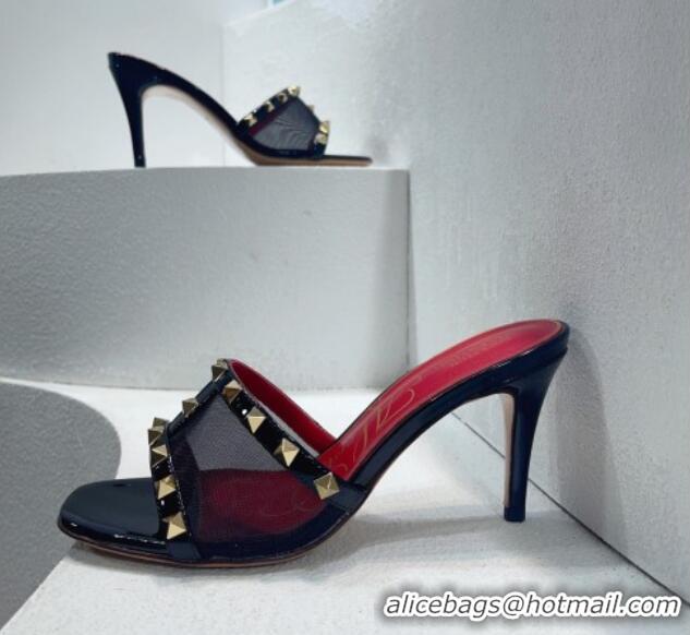 Good Looking Valentino Roman Stud Patent Leather and Mesh Heel Slide Sandals 8cm Black/Gold 112913