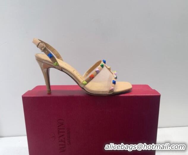 Purchase Valentino Roman Stud Patent Leather and Mesh Slide Sandals 8cm Beige/Multicolor 112914