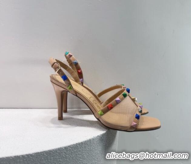 Purchase Valentino Roman Stud Patent Leather and Mesh Slide Sandals 8cm Beige/Multicolor 112914