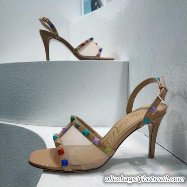 Purchase Valentino Roman Stud Patent Leather and Mesh Slide Sandals 8cm Beige/Multicolor 112914