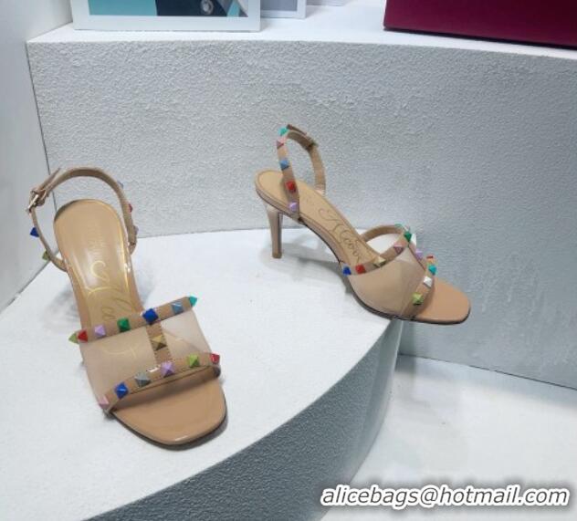 Purchase Valentino Roman Stud Patent Leather and Mesh Slide Sandals 8cm Beige/Multicolor 112914