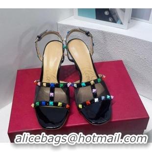 Unique Style Valentino Roman Stud Patent Leather and Mesh Slide Sandals 8cm Black/Multicolor 112915