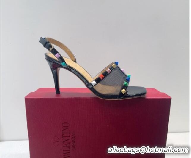 Unique Style Valentino Roman Stud Patent Leather and Mesh Slide Sandals 8cm Black/Multicolor 112915