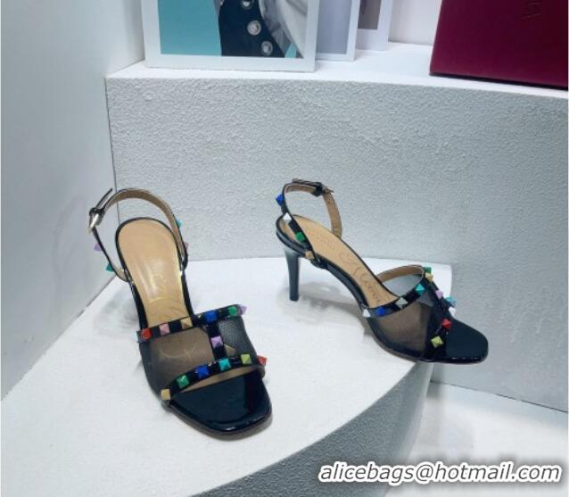 Unique Style Valentino Roman Stud Patent Leather and Mesh Slide Sandals 8cm Black/Multicolor 112915