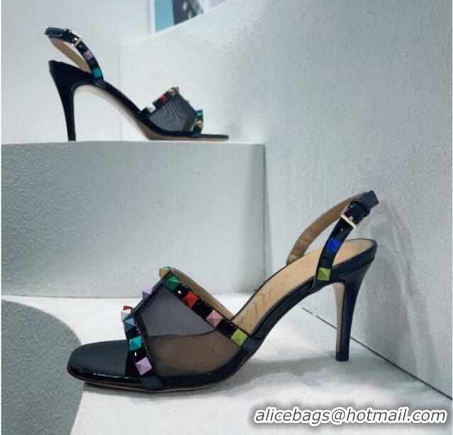 Unique Style Valentino Roman Stud Patent Leather and Mesh Slide Sandals 8cm Black/Multicolor 112915