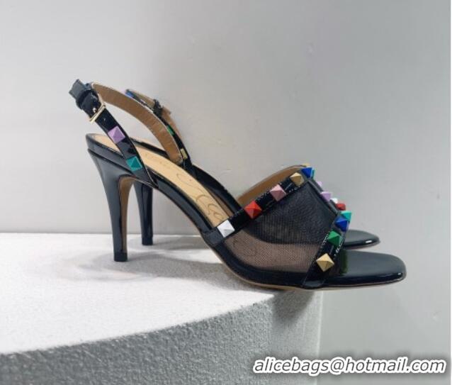 Unique Style Valentino Roman Stud Patent Leather and Mesh Slide Sandals 8cm Black/Multicolor 112915