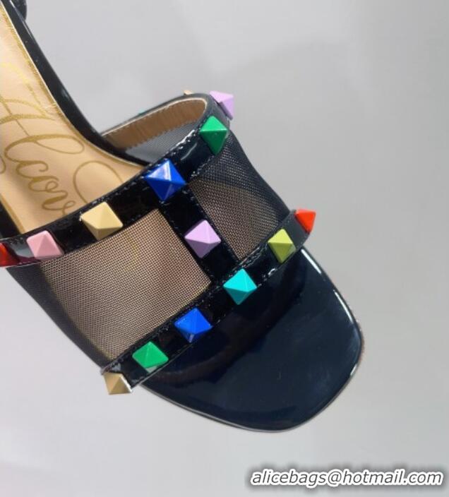 Unique Style Valentino Roman Stud Patent Leather and Mesh Slide Sandals 8cm Black/Multicolor 112915