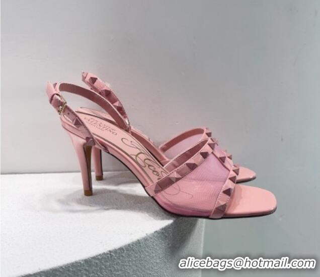 Best Product Valentino Roman Stud Patent Leather and Mesh Slide Sandals 8cm Light Pink 112916