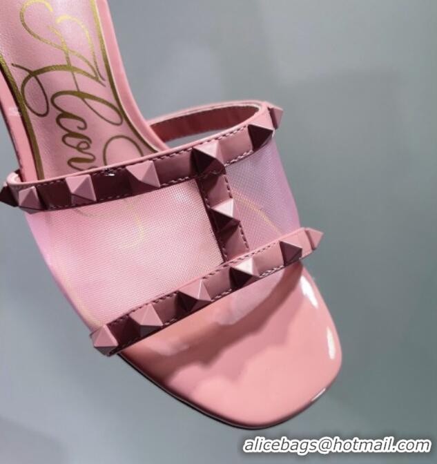 Best Product Valentino Roman Stud Patent Leather and Mesh Slide Sandals 8cm Light Pink 112916