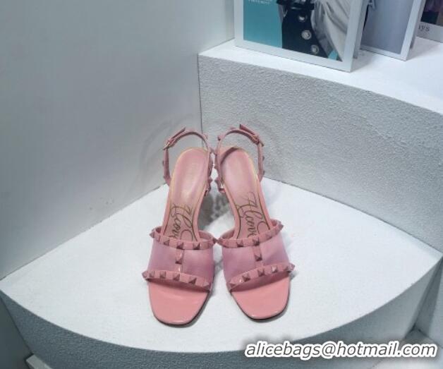 Best Product Valentino Roman Stud Patent Leather and Mesh Slide Sandals 8cm Light Pink 112916