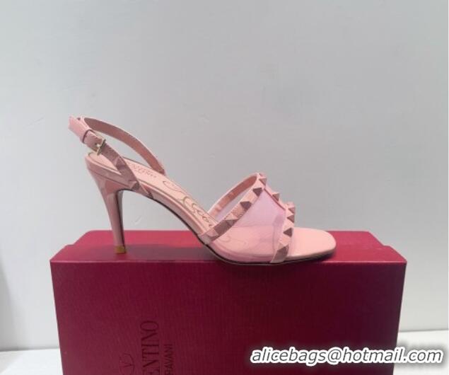 Best Product Valentino Roman Stud Patent Leather and Mesh Slide Sandals 8cm Light Pink 112916