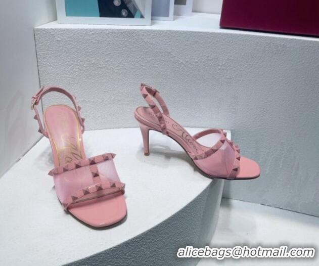 Best Product Valentino Roman Stud Patent Leather and Mesh Slide Sandals 8cm Light Pink 112916