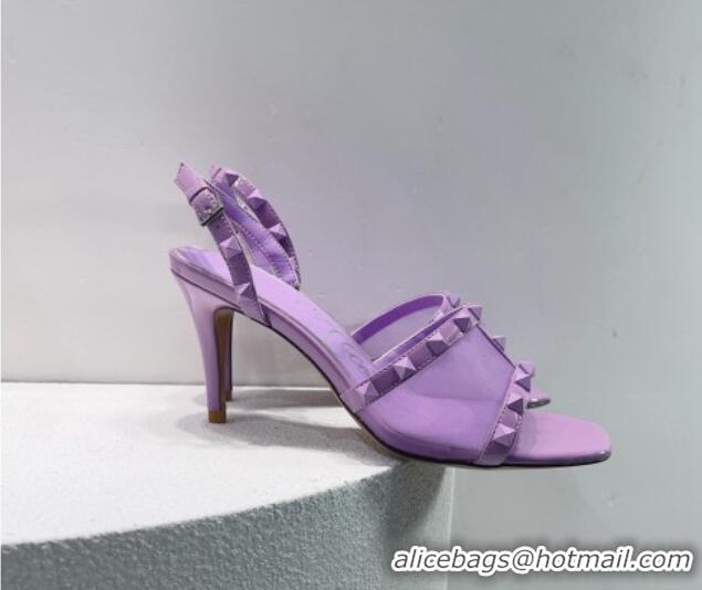 Good Quality Valentino Roman Stud Patent Leather and Mesh Slide Sandals 8cm Purple 112917