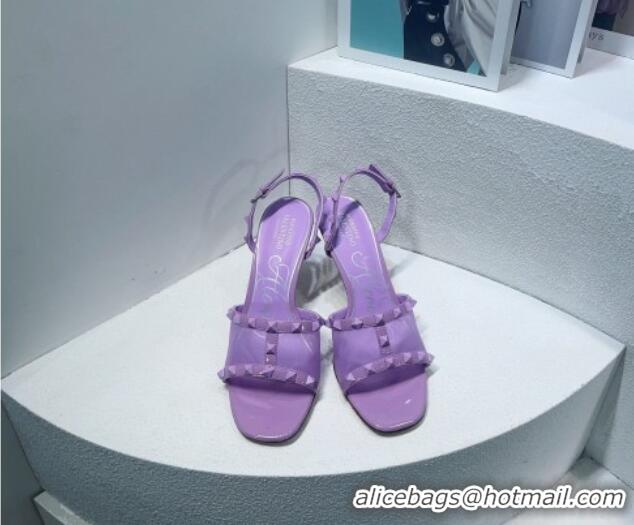 Good Quality Valentino Roman Stud Patent Leather and Mesh Slide Sandals 8cm Purple 112917