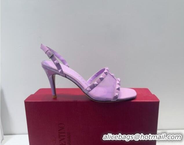 Good Quality Valentino Roman Stud Patent Leather and Mesh Slide Sandals 8cm Purple 112917