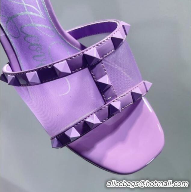 Good Quality Valentino Roman Stud Patent Leather and Mesh Slide Sandals 8cm Purple 112917