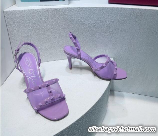 Good Quality Valentino Roman Stud Patent Leather and Mesh Slide Sandals 8cm Purple 112917