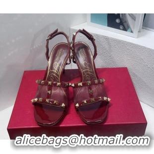 Classic Hot Valentino Roman Stud Patent Leather and Mesh Slide Sandals 8cm Burgundy 112918