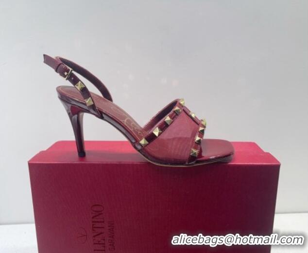 Classic Hot Valentino Roman Stud Patent Leather and Mesh Slide Sandals 8cm Burgundy 112918