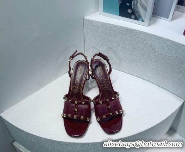 Classic Hot Valentino Roman Stud Patent Leather and Mesh Slide Sandals 8cm Burgundy 112918