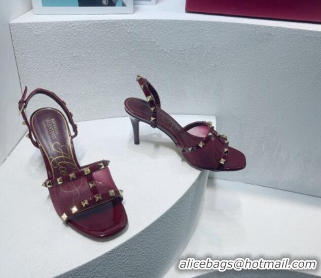 Classic Hot Valentino Roman Stud Patent Leather and Mesh Slide Sandals 8cm Burgundy 112918