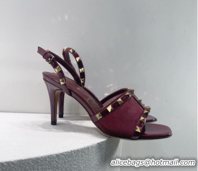 Classic Hot Valentino Roman Stud Patent Leather and Mesh Slide Sandals 8cm Burgundy 112918