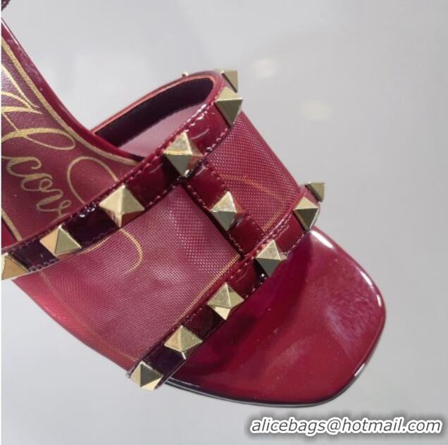 Classic Hot Valentino Roman Stud Patent Leather and Mesh Slide Sandals 8cm Burgundy 112918