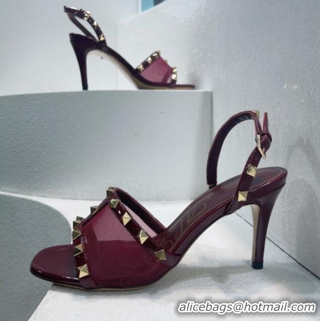 Classic Hot Valentino Roman Stud Patent Leather and Mesh Slide Sandals 8cm Burgundy 112918