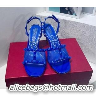 Pretty Style Valentino Roman Stud Patent Leather and Mesh Slide Sandals 8cm Sky Blue 112919