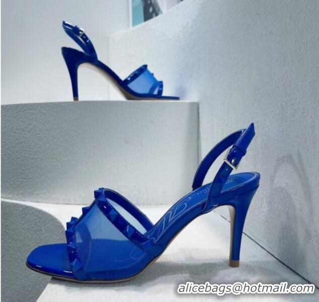 Pretty Style Valentino Roman Stud Patent Leather and Mesh Slide Sandals 8cm Sky Blue 112919