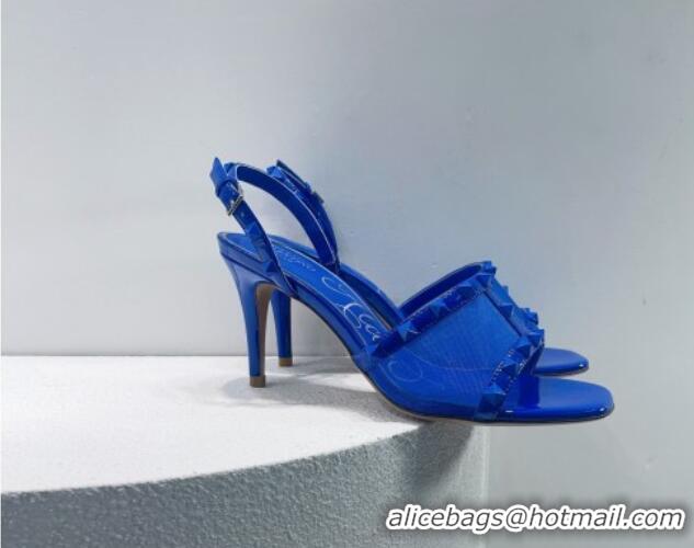 Pretty Style Valentino Roman Stud Patent Leather and Mesh Slide Sandals 8cm Sky Blue 112919