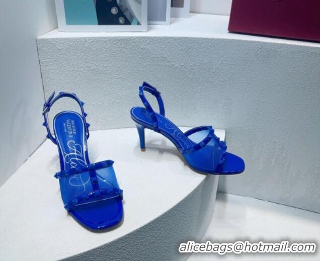 Pretty Style Valentino Roman Stud Patent Leather and Mesh Slide Sandals 8cm Sky Blue 112919