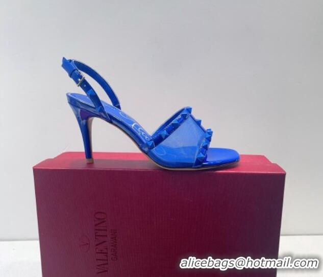 Pretty Style Valentino Roman Stud Patent Leather and Mesh Slide Sandals 8cm Sky Blue 112919