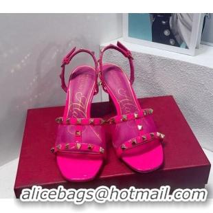 Top Grade Valentino Roman Stud Patent Leather and Mesh Slide Sandals 8cm Dark Pink 112920