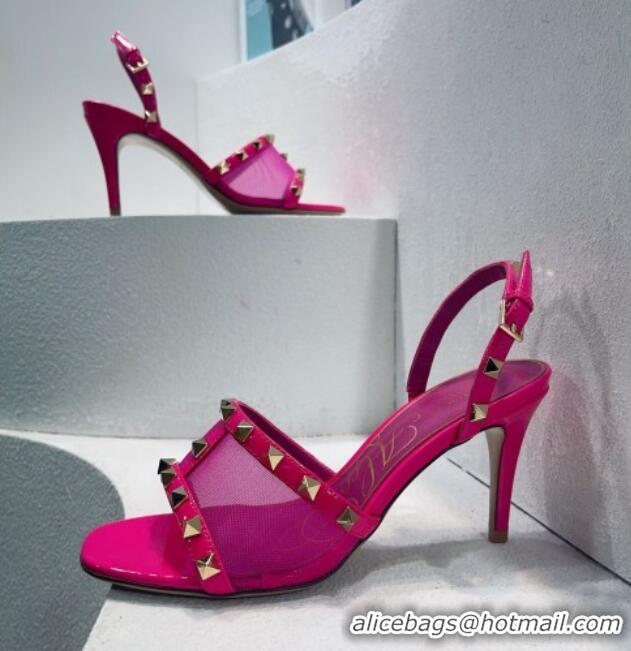 Top Grade Valentino Roman Stud Patent Leather and Mesh Slide Sandals 8cm Dark Pink 112920