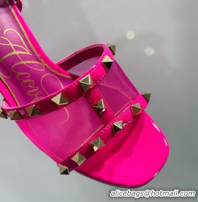 Top Grade Valentino Roman Stud Patent Leather and Mesh Slide Sandals 8cm Dark Pink 112920