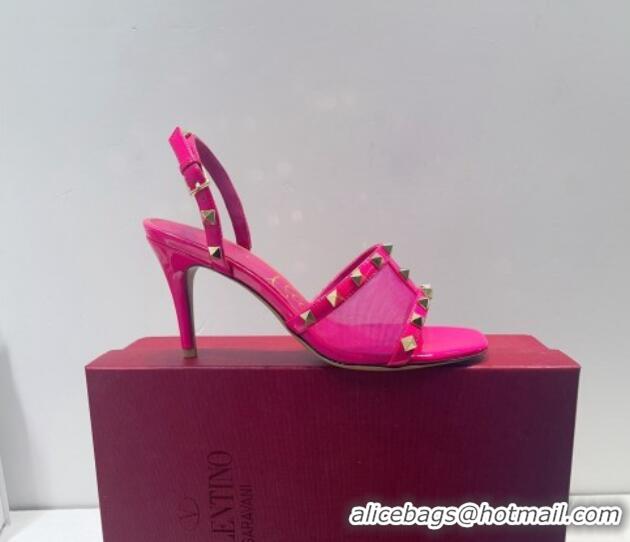 Top Grade Valentino Roman Stud Patent Leather and Mesh Slide Sandals 8cm Dark Pink 112920