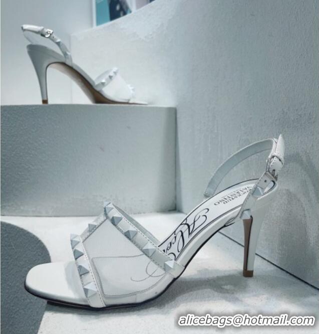 Best Grade Valentino Roman Stud Patent Leather and Mesh Slide Sandals 8cm White 112921