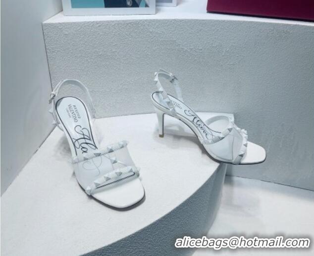 Best Grade Valentino Roman Stud Patent Leather and Mesh Slide Sandals 8cm White 112921