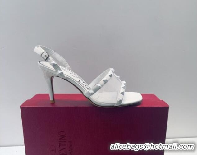 Best Grade Valentino Roman Stud Patent Leather and Mesh Slide Sandals 8cm White 112921