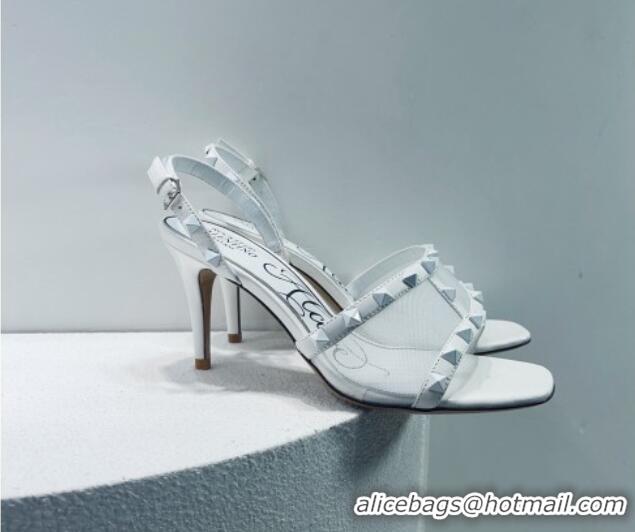 Best Grade Valentino Roman Stud Patent Leather and Mesh Slide Sandals 8cm White 112921