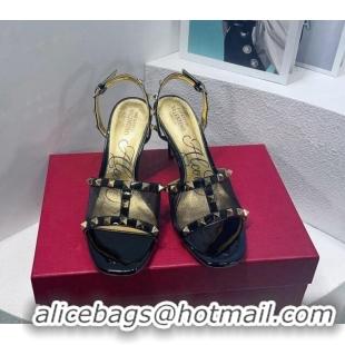 Durable Valentino Roman Stud Patent Leather and Mesh Slide Sandals 8cm Black/Gold 112922