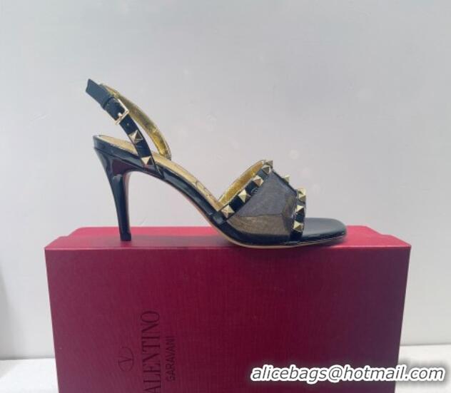 Durable Valentino Roman Stud Patent Leather and Mesh Slide Sandals 8cm Black/Gold 112922