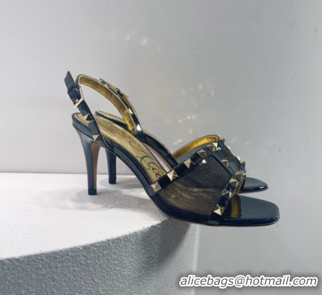 Durable Valentino Roman Stud Patent Leather and Mesh Slide Sandals 8cm Black/Gold 112922