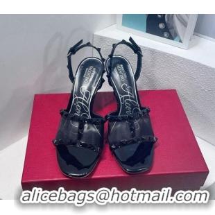 Shop Duplicate Valentino Roman Stud Patent Leather and Mesh Slide Sandals 8cm All Black 112923