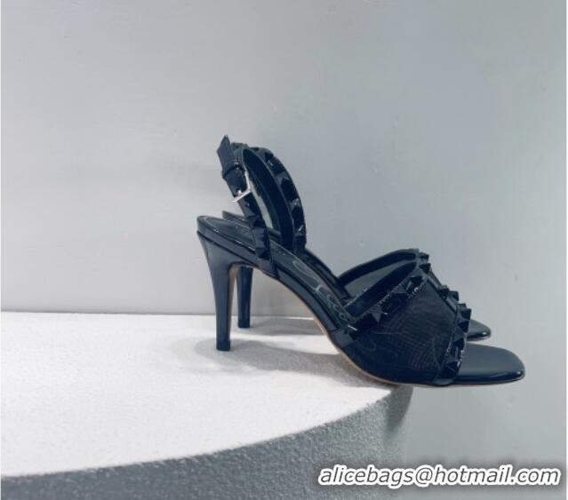 Shop Duplicate Valentino Roman Stud Patent Leather and Mesh Slide Sandals 8cm All Black 112923