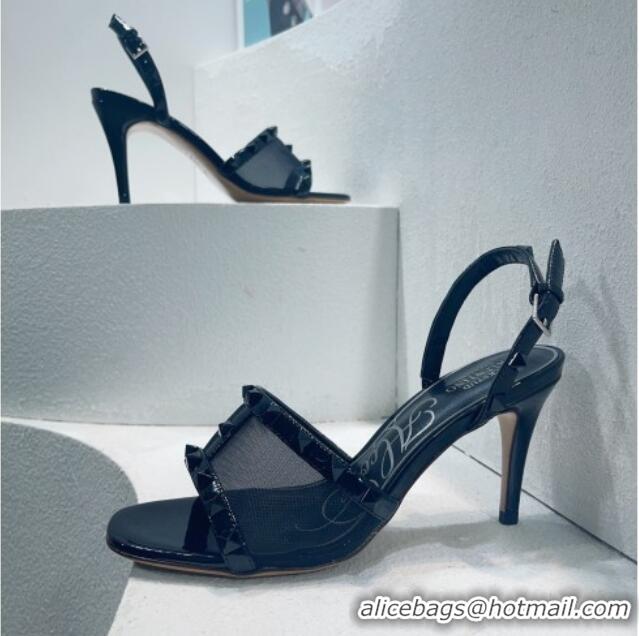 Shop Duplicate Valentino Roman Stud Patent Leather and Mesh Slide Sandals 8cm All Black 112923